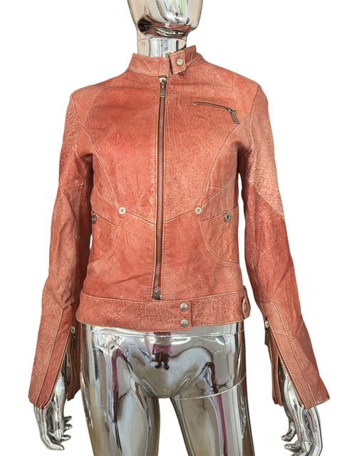 Kor@Kor Distressed Real Leather Jacket in Coral