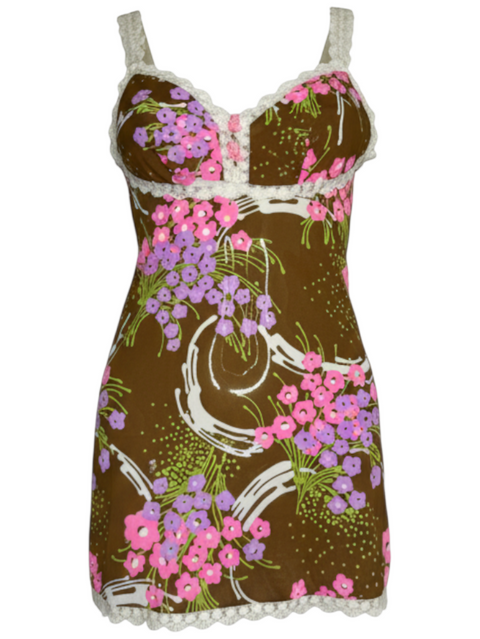 CHEZ SNOW BUNNY vintage brown mini dress with pink and purple floral print and white lace trim detail