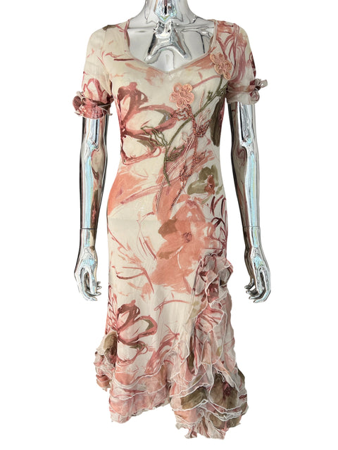 Sonia Foriuna Mesh Beige Burgundy Flower Dress