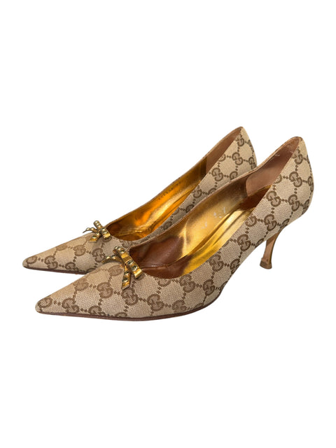 Gucci Monogram Gold Bow Heels