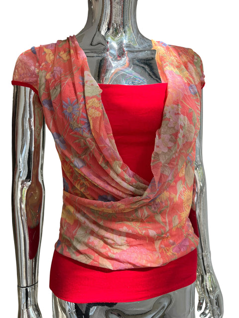 Vintage Red Mesh Flowers Print Top