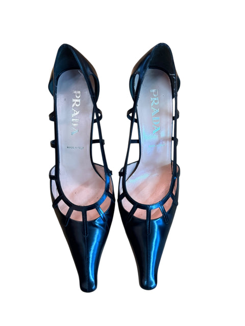Prada Pointed Black Heels With Stripes Details