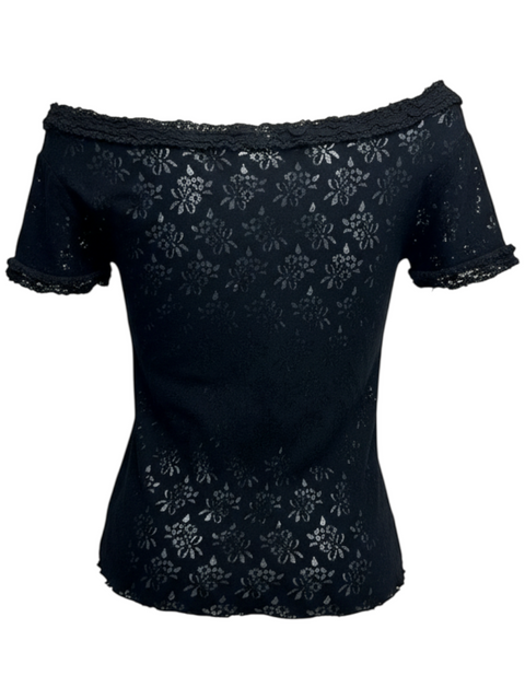 CHEZ SNOW BUNNY vintage Moschino black off-the-shoulder top featuring delicate floral lace trim and pattern.