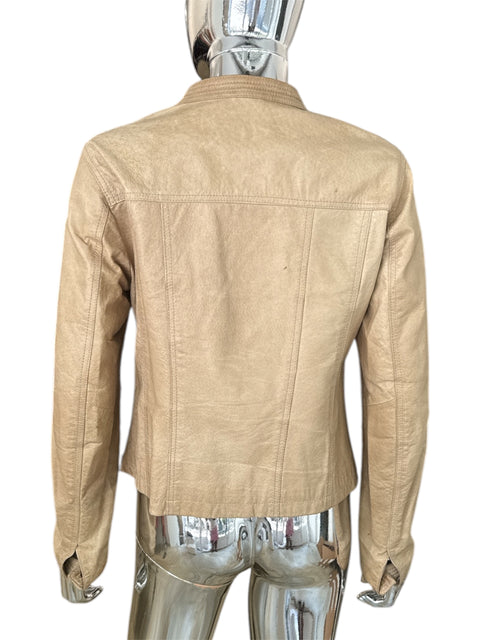 OVS Beige Real Leather Jacket With Zipper Detail