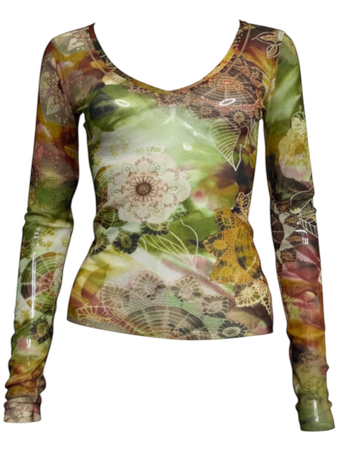 CHEZ SNOW BUNNY vintage Benetton long sleeve mesh top with a green and brown floral lace print pattern