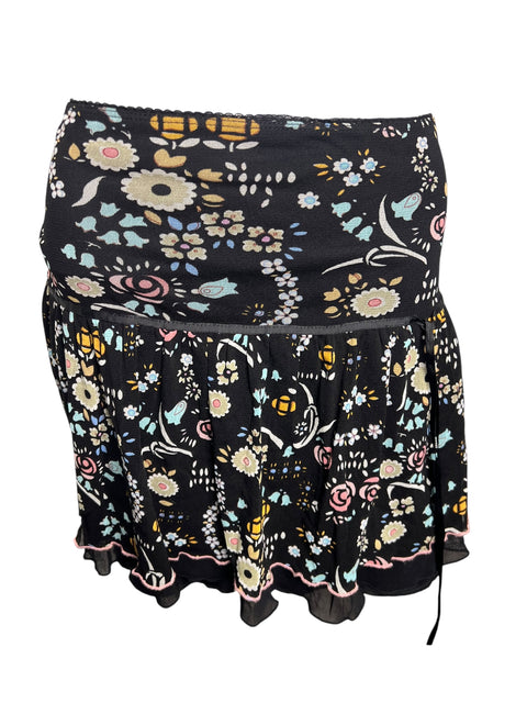 Vintage Black Blue Yellow Floral Print Skirt