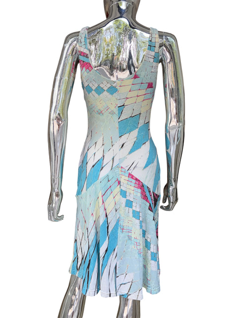 Roberto Cavalli Spring 2004 Kaleidoscope Print Feather Detail Dress