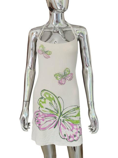 Vintage White Halter Dress With Butterfly Design