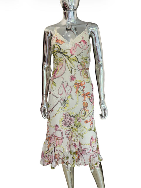 Blumarine White Silk & Watercolor Print Dress