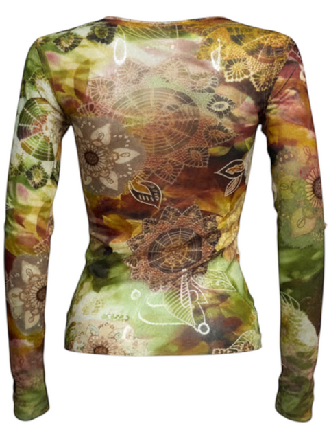 CHEZ SNOW BUNNY vintage Benetton long sleeve mesh top featuring a multi-colored floral and mandala print