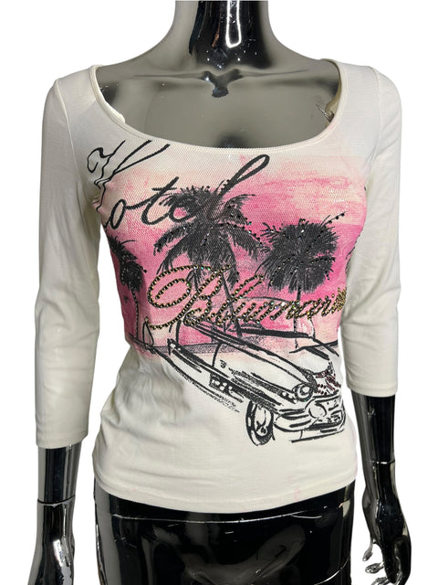 Blumarine White Pink Print Strass Longsleeve