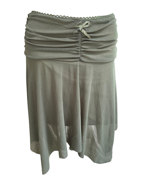 Vintage Khaki Mesh Ruched Belt Skirt
