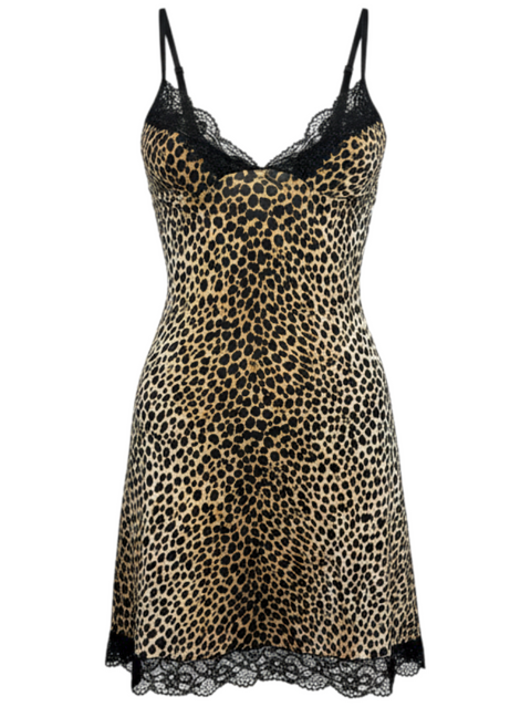 Robe courte Dolce Gabbana à imprimé léopard avec bordures en dentelle noire, proposée par CHEZ SNOW BUNNY