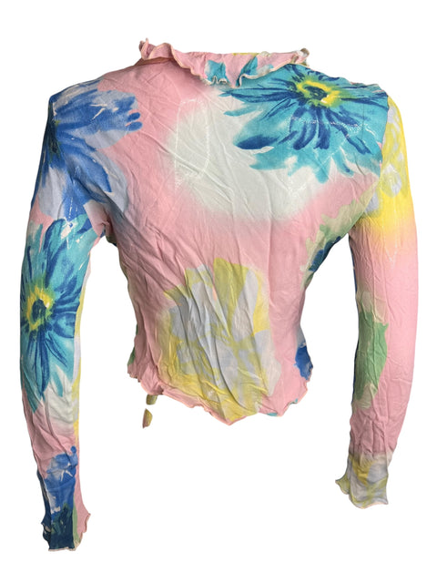 Vintage Pink Blue Flower Mesh Long Sleeve