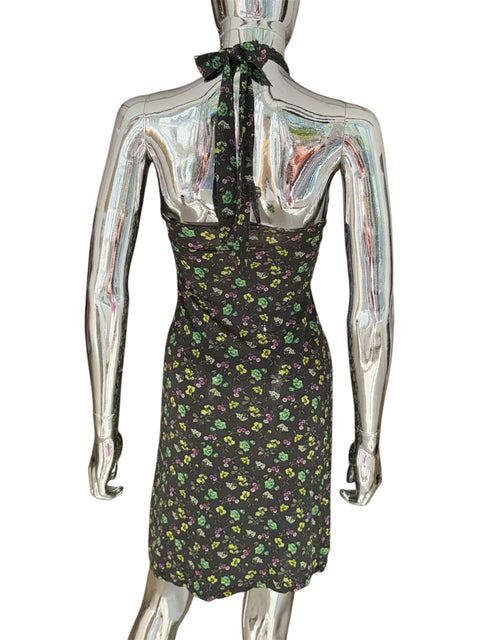 Vintage Olive Green Halter Neck Floral Dress