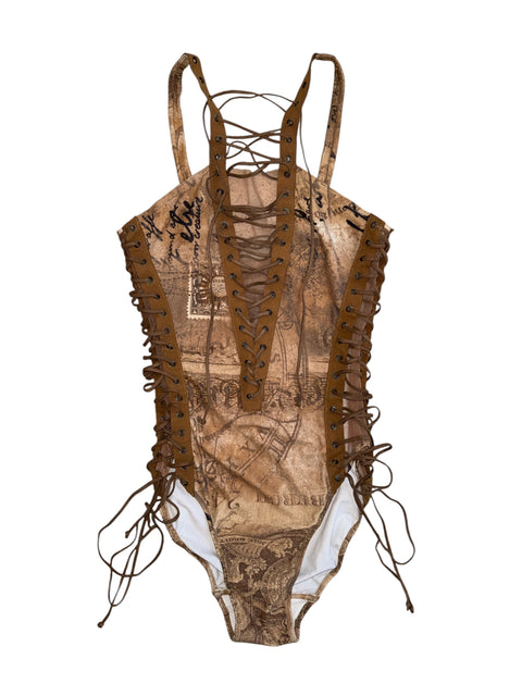 Nicole Olivier Brown Lace-Up Swimsuit