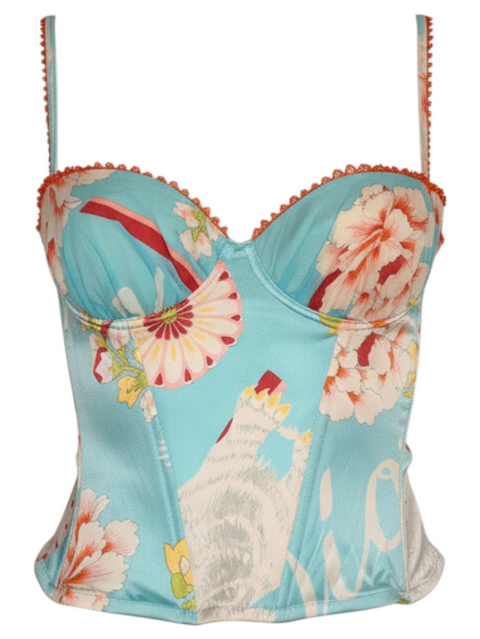 Corset Dior bleu à motif floral avec bordure orange, taille 90B FR, disponible chez CHEZ SNOW BUNNY