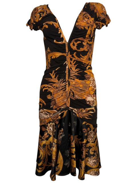 Robe Roberto Cavalli CHEZ SNOW BUNNY noire et dorée à motif floral, coupe ajustée avec décolleté plongeant, taille 42