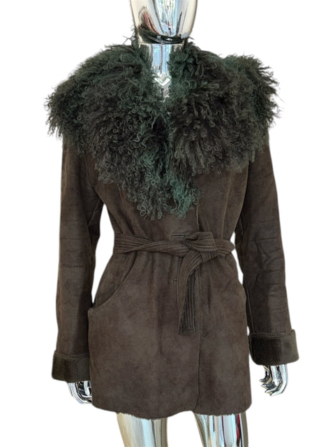 Project Moda Brown Coat With Green Lamb Fur Collar