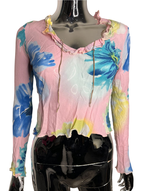 Vintage Pink Blue Flower Mesh Long Sleeve