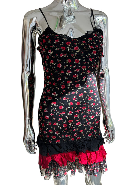 Vintage Black Red Flowers Mesh Dress