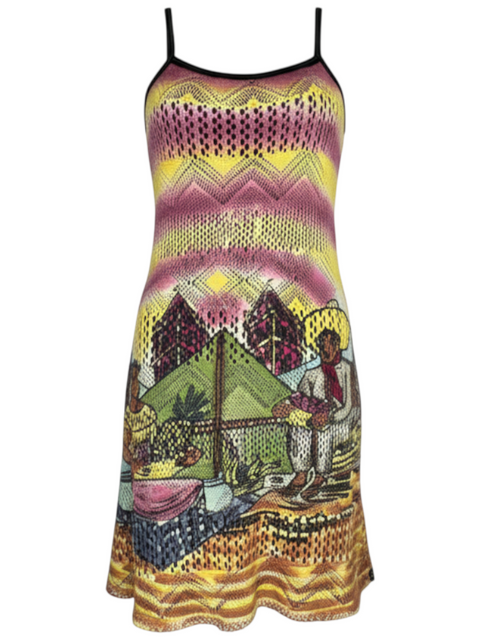 CHEZ SNOW BUNNY Custo Knit Multi Dress featuring a vibrant graphic print, spaghetti straps, and a fitted silhouette.
