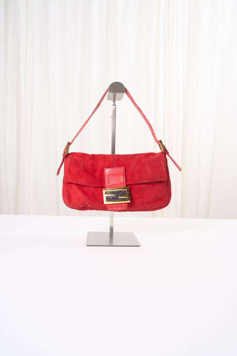Fendi Baguette Red Suede Shoulder Bag