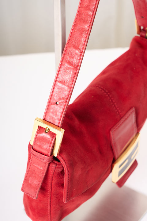 Fendi Baguette Red Suede Shoulder Bag