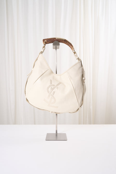 YSL Mombasa White Leather Studs Shoulder Bag