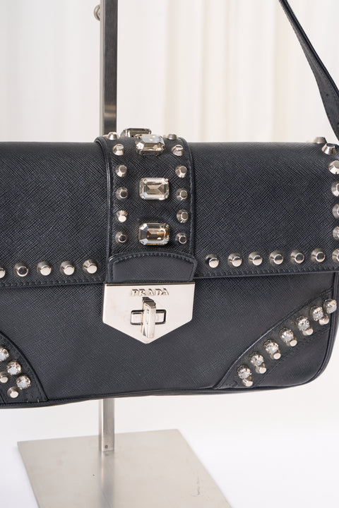 Prada Black Leather Studs Shoulder Bag