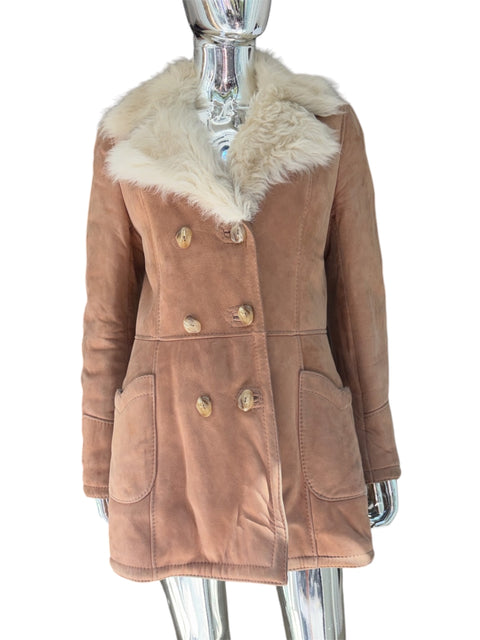 Camel Double-Breasted Sherling Coat With Hood
