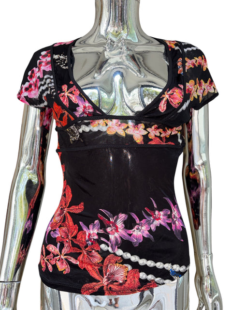 Just Cavalli Sheer Black Flower Print Top