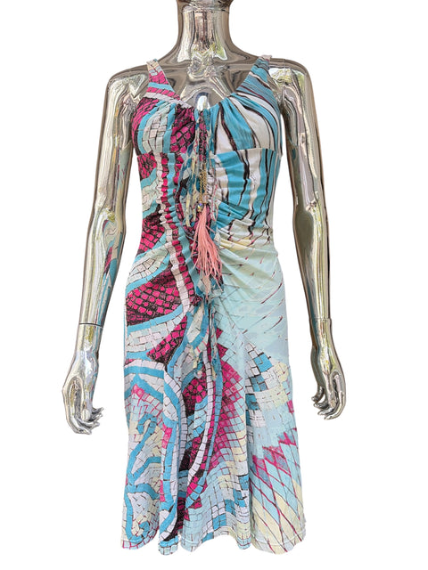 Roberto Cavalli Spring 2004 Kaleidoscope Print Feather Detail Dress