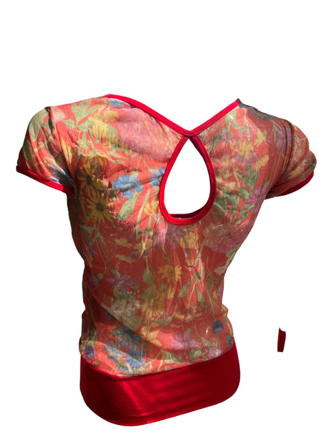 Vintage Red Mesh Flowers Print Top