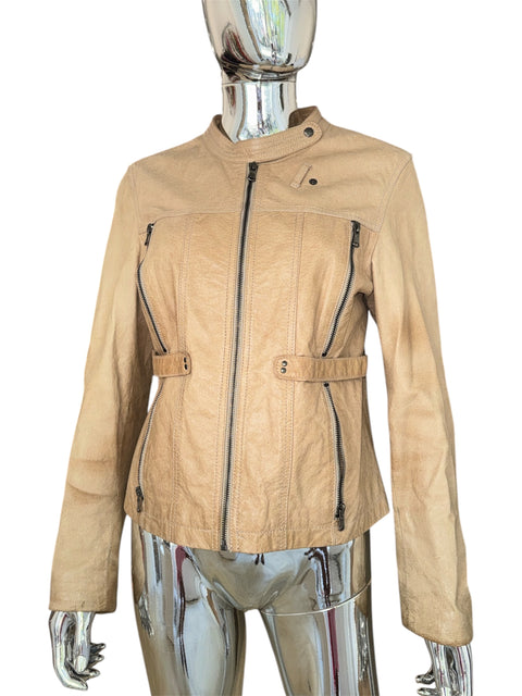 OVS Beige Real Leather Jacket With Zipper Detail