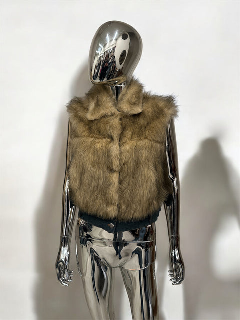 Brown Crop Faux Fur Vest