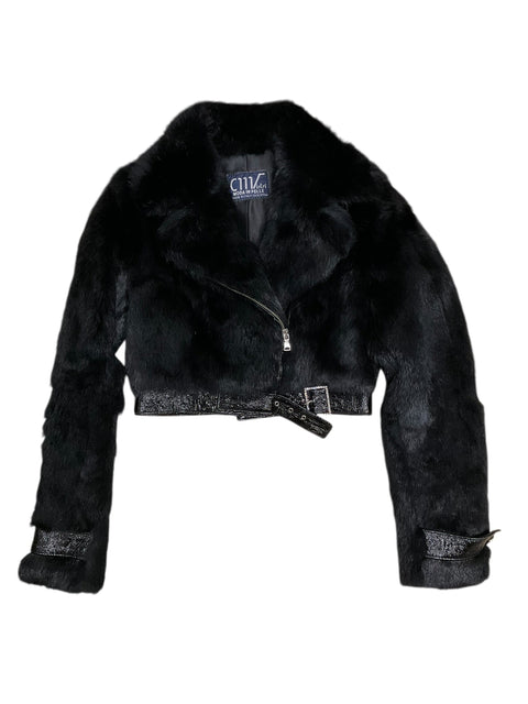 Vintage Black Leather Rabbit Fur Jacket