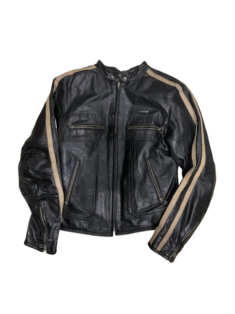 Vintage Black Leather Beige Stripe Jacket