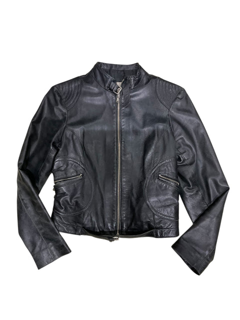 Vintage Black Leather Round Pockets Jacket