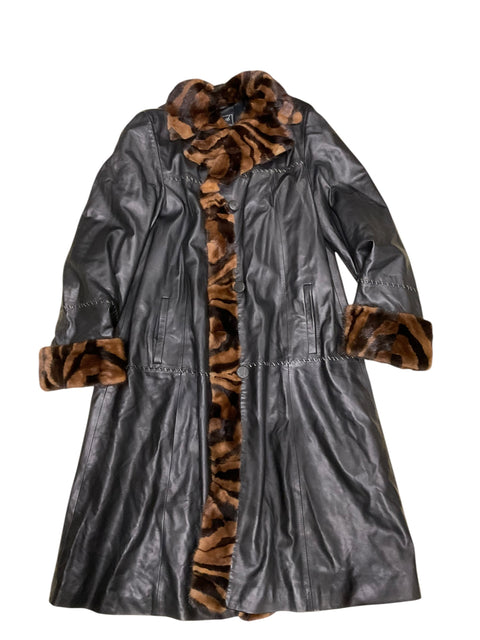 AEC Black Leather Tiger Fur Long Coat