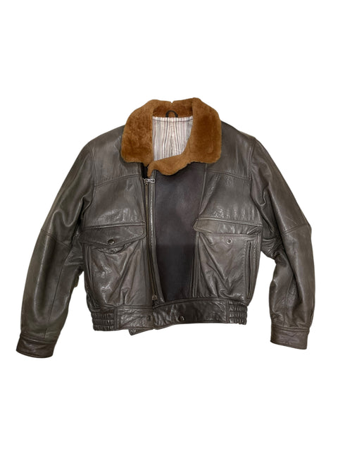 Vintage Grey Brown Fur Collar Bomber Jacket