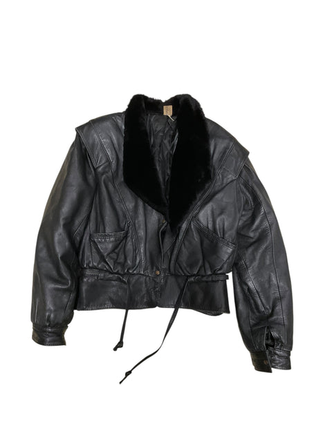 Piercurgé Black Leather Rabbit Fur Collar Jacket