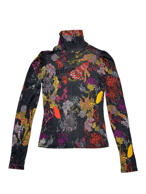 John Galliano Black Yellow Flower Print Long Sleeve