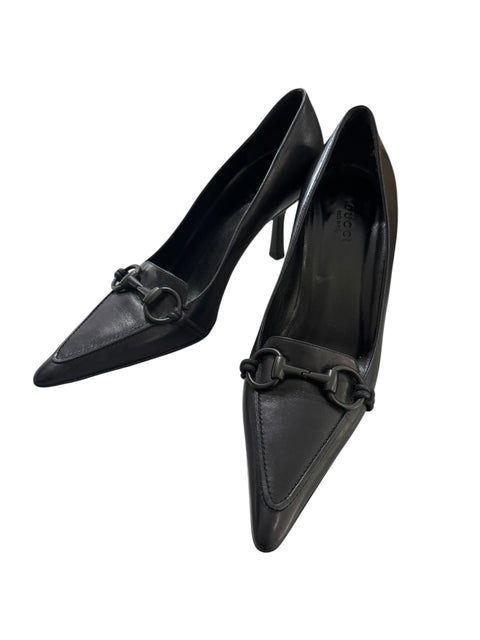 Gucci Black Leather Horsebit Heels T.38