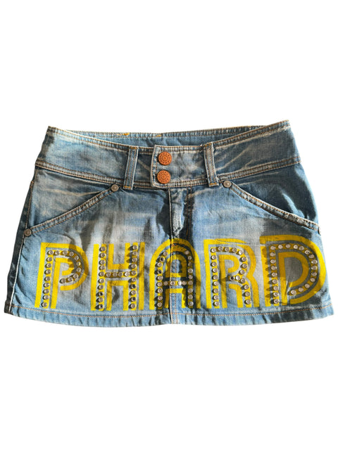 Phard Blue Denim Yellow Inscription Diamond Mini Skirt