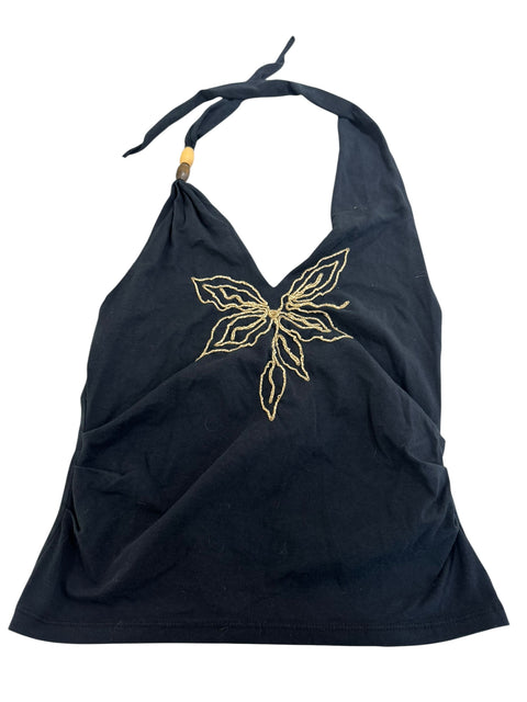 Vintage Black Backless Yellow Embroidery Top