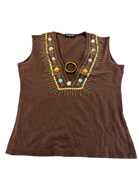 Jeune Brown Yellow Rhinestone Details Tank Top