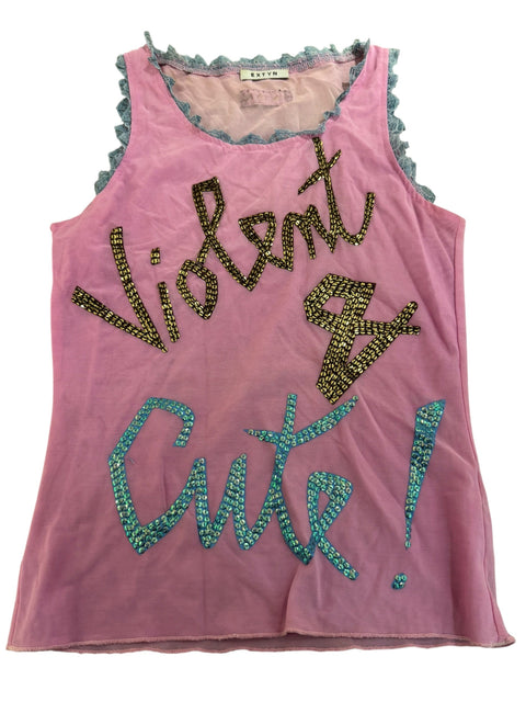 Extyn Pink Mesh Strass Embroidery Tank Top