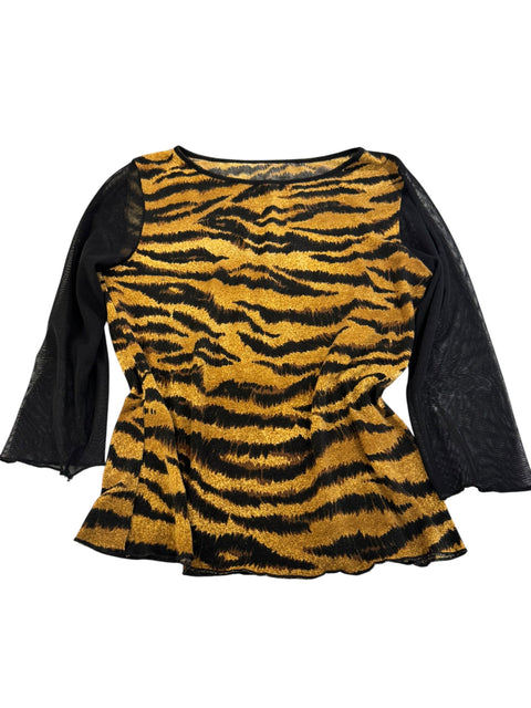 Vintage Tiger Print Mesh Sleeves Top