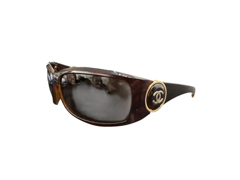 Chanel Brown Gold Round Logo Sunglasses